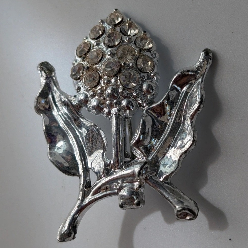 Vintage Silver Tone Rhinestone Thistle Brooch Pin Scottish Botanical Jewelry